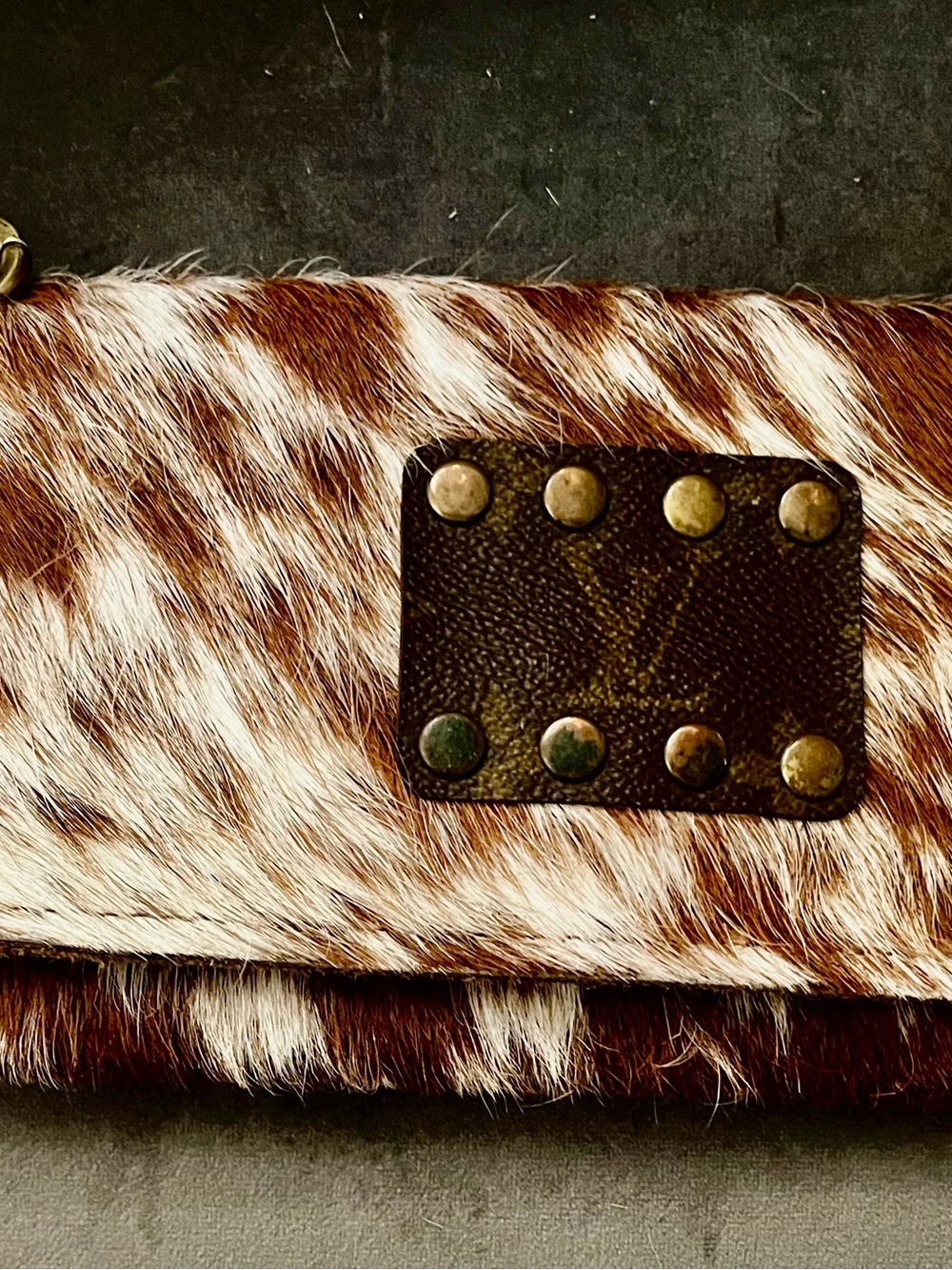 Brown and White Haircalf Clutch with Stud Detail